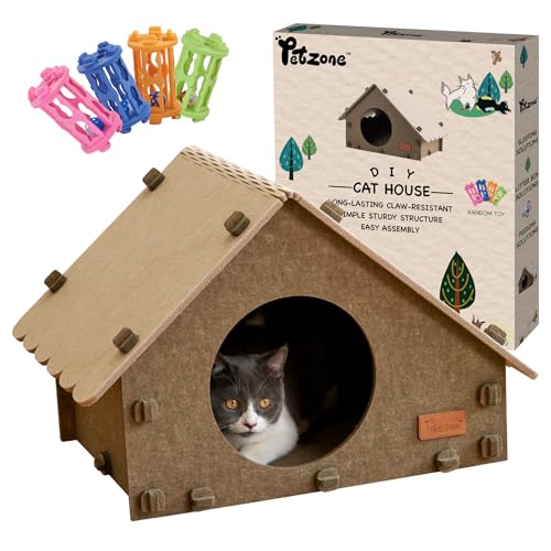 PETZONE Katzenhaus für Indoor-Katzen, Katzenbetthöhle für mehrere & große Katzen bis zu 10.0 kg, Kratzfeste Peekaboo Katzenhöhlen, Faltbarer Katzentunnel Geschlossenes Bett (Braun/Beige, Groß) von PETZONE