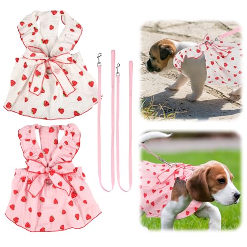 2 Hundekleider für Mädchen, Hundekleidung mit Erdbeer-Print und Schleifenverzierung Welpenkleidung aus Baumwolle Rosa Katzenkleidung Haustierkleider für Kleine Mittelgroße (L) von PEUTIER