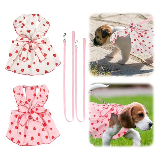 2 Hundekleider für Mädchen, Hundekleidung mit Erdbeer-Print und Schleifenverzierung Welpenkleidung aus Baumwolle Rosa Katzenkleidung Haustierkleider für Kleine Mittelgroße (M) von PEUTIER