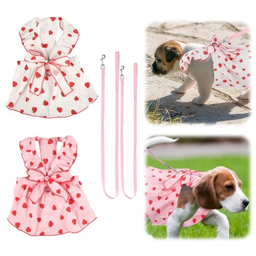 2 Hundekleider für Mädchen, Hundekleidung mit Erdbeer-Print und Schleifenverzierung Welpenkleidung aus Baumwolle Rosa Katzenkleidung Haustierkleider für Kleine Mittelgroße (S) von PEUTIER