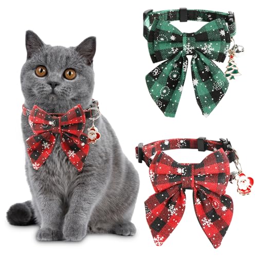 2 Stück Weihnachts Katzenhalsband, Weihnachtliche Breakaway Katzenhalsbänder Süßes Katzenhalsband Fliege Festliches Katzenhalsband mit Glöckchen Abnehmbar für Katzen und Haustiere (Rot, Grün) von PEUTIER