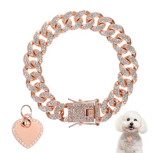 20cm Langes Hundehalsband mit Kette, Diamanthalsband in Roségold mit Herzförmiger Hundemarke mit Strasssteinen Hundehalsband mit Herz-Bling-Effekt für Kleine Mittelgroße Große Hunde Katzen von PEUTIER