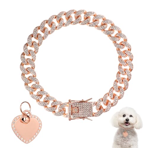 25cm Langes Hundehalsband mit Kette, Diamanthalsband in Roségold mit Herzförmiger Hundemarke mit Strasssteinen Hundehalsband mit Herz-Bling-Effekt für Kleine Mittelgroße Große Hunde Katzen von PEUTIER