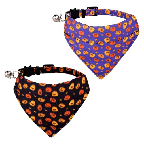 2st Halloween Katzenhalsbänder Bandana Breakaway, Verstellbar Katzen Halsbänder mit Glöckchen und Abnehmbarem Bandana Kürbismuster Halloween Cat Collars Bandana für Katzen und Kätzchen von PEUTIER