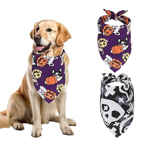 PEUTIER 2stk Halloween Hundehalstücher, 65x45cm Dreieckige Hund Bandana, Verstellbar Hundehalstuch für Kleine Mittelgroße Große Hunde Halloween-Hundekostüme (Totenkopf, Hundekopf) von PEUTIER