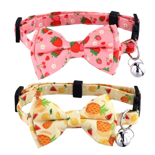 2stk Sommer-Katzenhalsbänder, Süßes Obst Katzenhalsband mit Fliege und Glöckchen Verstellbar Weiches Katzenhalsband mit Fliege mit Ananas Erdbeermuster für Mädchen Jungen (Rosa, Gelb) von PEUTIER