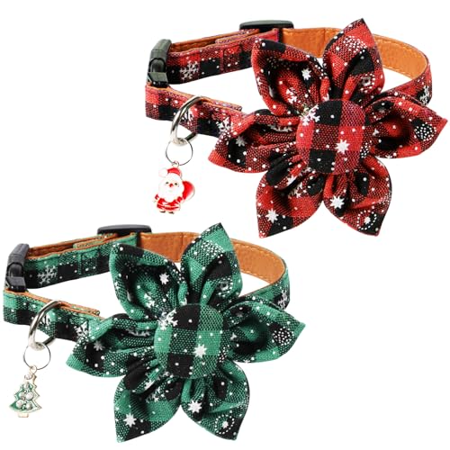 2stk Weihnachten Hundehalsband mit Blume, Verstellbar Kariertes Hundehalsband Abnehmbar Feiertags Hundehalsbänder mit Anhänger Schneeflocke Haustier Halsbänder für Hund und Katze (Groß) von PEUTIER