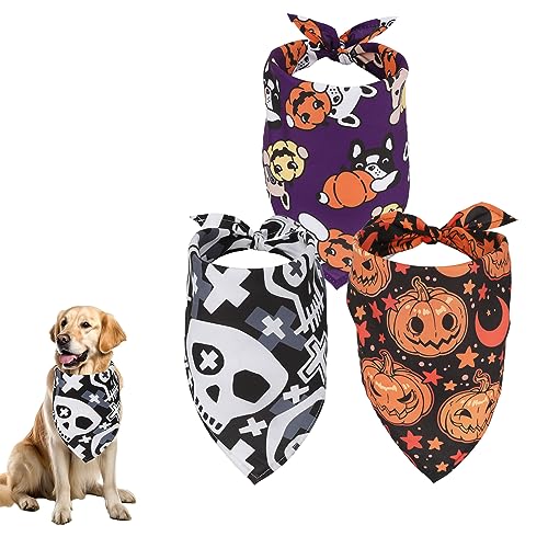 3stk Halloween Hundehalstücher, 65x45cm Dreieckige Hund Bandana, Verstellbar Hundehalstuch für Kleine Mittelgroße Große Hunde Halloween-Hundekostüme (Kürbis, Totenkopf, Hundekopf) von PEUTIER