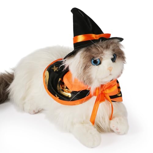 Halloween Haustierkostüm, mit Umhang und Zauberermütze Hexenkostüm für Hunde Zaubererkostüm für Katzen Hundekostüm Katzenkostüm Halloween Haustierumhang für Kleine Katzen und Hunde von PEUTIER