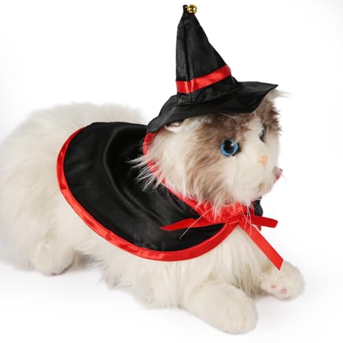 Halloween Haustierkostüm mit Umhang und Zaubererhut, Zaubererkostüm für Katzen Hexenkostüm für Hunde Halloween-Haustierumhang für kleine Katzen und Hunde (Schwarz + Rot) von PEUTIER