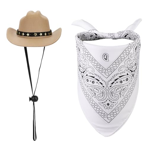 Hundekostüm Cowboy, Hunde Outfit Cowboy Cowboyhut für Hunde und Hundehalstuch Schal Halloweenkostüme für Hunde Outfit Accessoires für Kleine Katzen Hunde und Haustiere (Beige, Weiß) von PEUTIER