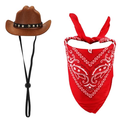 Hundekostüm Cowboy, Hunde Outfit Cowboy Cowboyhut für Hunde und Hundehalstuch Schal Halloweenkostüme für Hunde Outfit Accessoires für Kleine Katzen Hunde und Haustiere (Braun, Rot) von PEUTIER