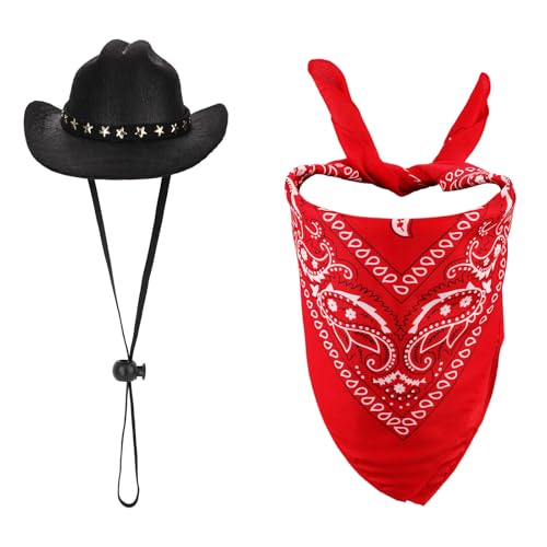 Hundekostüm Cowboy, Hunde Outfit Cowboy Cowboyhut für Hunde und Hundehalstuch Schal Halloweenkostüme für Hunde Outfit Accessoires für Kleine Katzen Hunde und Haustiere (Schwarz, Rot) von PEUTIER