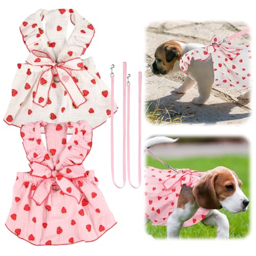 2 Hundekleider für Mädchen, Hundekleidung mit Erdbeer-Print und Schleifenverzierung Welpenkleidung aus Baumwolle Rosa Katzenkleidung Haustierkleider für Kleine Mittelgroße (XL) von PEUTIER