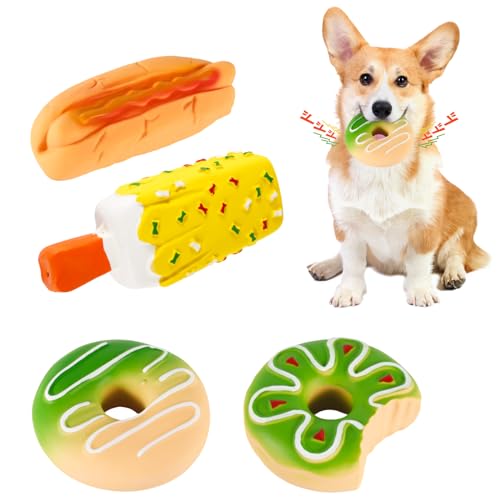 PEUTIER 4 Stück Quietschspielzeug für Hunde, Donut-Spielzeug für Hunde Hundespielzeug Latex Hot-Dog-Kauspielzeug Quietschendes Eiscreme-Hundespielzeug für Welpen Geburtstagsfeier von PEUTIER