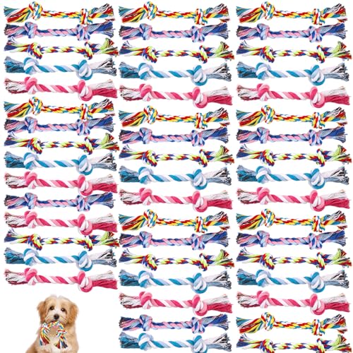 PEUTIER 50 Stück Seil für Hundespielzeug, Mehrfarbiges Welpen Ziehspielzeug für Kleine Mittelgroße Hunde Beißspielzeug aus Baumwolle mit 2 Knoten Welpen Kauspielzeug für Hochaktive Welpen (5 Stile) von PEUTIER