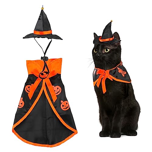 PEUTIER Katzenkostüm, Haustier Zauberer Kleidung Halloween Verstellbarer Kürbis Haustier Kostüm Kleidungsset Dekor Umhang Zaubererhut für Katzen Hunde Tiere Halloween Karneval Partyzubehör von PEUTIER