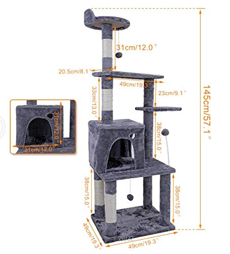 Katze Kletterbaum Luxuskatze-Wohnungmöbel, mehrschichtiger Turm mit Perch-Hängemattengrabbar, um Ballbass, volles Paket, mit Ersatzteilen zu fangen, mit Ersatzteilen, geeignet for Katzen, um Spielzeug von PEVSCO