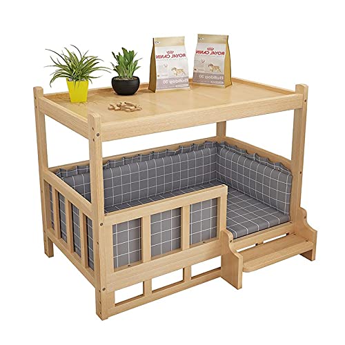 Hundebett Hölzerner Hund Kennel für Nacht mit Baldachin, Großes Erhöhtes Lounge-Sofa für Ältere Hunde oder Katzen, Graue Matratze, Verbesserter Schlaf ( Color : With stairs , Size : XXL(120x60cm) ) von PEYNIR