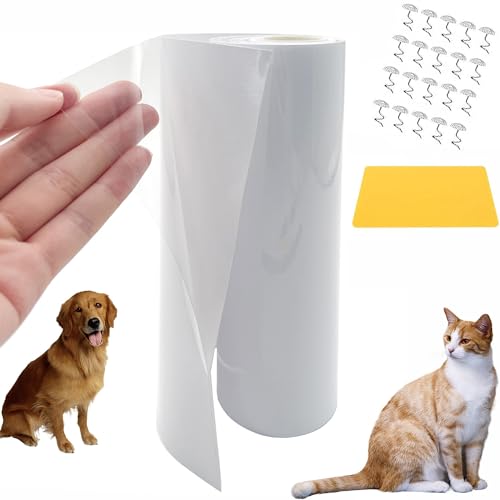 Kratzschutz Katze Tape Transparentes Selbstklebendes Katzenmöbelschutz mit Schaber und 20 Polster Nägel Katze Krallen Guards Pads für Möbel Couch Tür Wand Kratzabwehr von Katzen Hunde, 20x300CM von PEZEEU