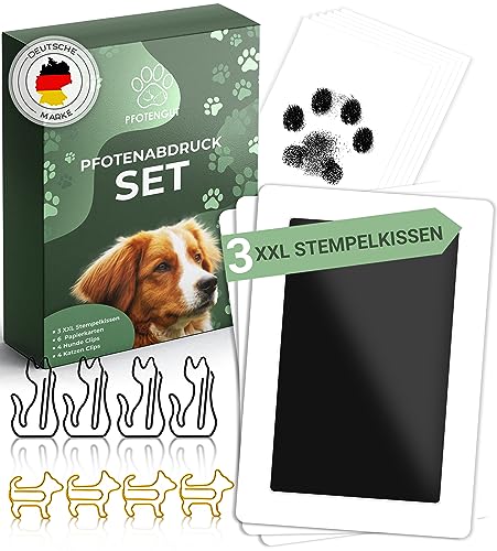 PFOTENGUT® XXL Pfotenabdruck Set inkl. 3 Stempelkissen und 6 Druckkarten - Hochwertiges Pfotenabdruck Set für Hund & Katze - Hundepfoten Abdruck als Geschenk und Erinnerung von PFOTENGUT