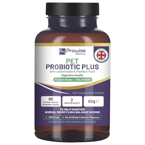 Pet Probiotic Plus mit Zusatz von Inulin und Flohsamenschalen 2 Milliarden KBE mit 5 aktiven Stämmen I 60 Kautabletten mit Hühnergeschmack 2 Monatspackungen von PH PROWISE Healthcare