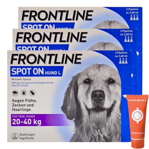 Frontline Spot on für Hunde - Zuverlässiger Schutz gegen Zecken, Flöhe und Haarlinge – Einfach aufzutragen I Sparset mit give-Away von Pharma Perle (Frontline für Hunde L 20-40 kg 3 x 3 St.) von PHARMA PERLE