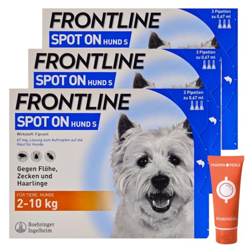 Frontline Spot on für Hunde - Zuverlässiger Schutz gegen Zecken, Flöhe und Haarlinge – Einfach aufzutragen I Sparset mit give-Away von Pharma Perle (Frontline für Hunde S 2-10 kg 3 x 3 St.) von PHARMA PERLE