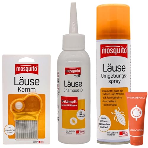 Mosquito Bundle: Mosquito med Läuse Shampoo10 100 ml und Mosquito Läuse-Umgebungsspray 150 ml und Mosquito Läuse-Kamm I Läuse-Abwehr I Kopfläuse, Flöhe, Insekten I Spar-Set plus Pharma Perle give-away von PHARMA PERLE