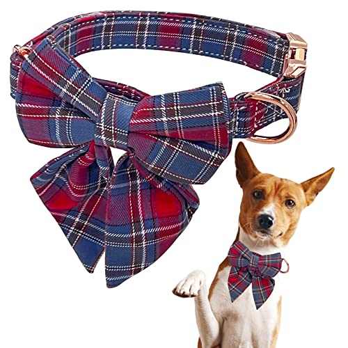 Personalisiert klassisch Kariert Hundehalsband Weihnachts mit Groß Schleife Plaid Fliege und Metallschnalle D-Ringe, Verstellbar Pet Halsband Weiches Tuch mit Schottenkaro Krawatte von PHIEZC