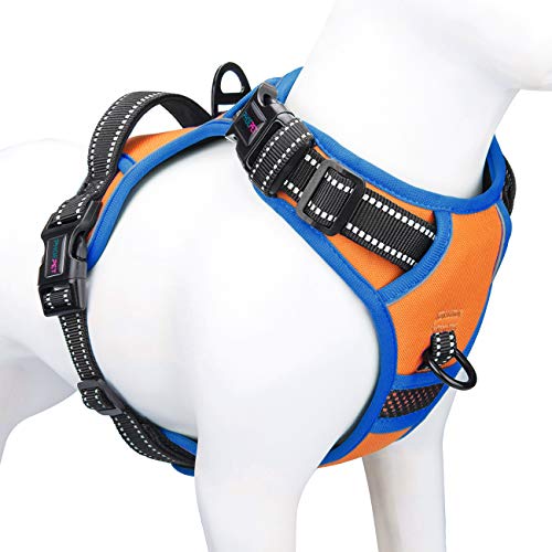 PHOEPET 2019 Anti-Zieh-Hundegeschirr, reflektierend, verstellbar, mit Clip an der Vorderseite, Weste mit Griff, 2 Metallringe, 3 Schnallen, einfach an- und auszuziehen (XL, Orange) von PHOEPET