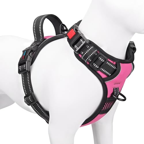 PHOEPET Hundegeschirr ohne Zug für kleine Hunde, reflektierende, verstellbare Front-Clip-Weste mit Griff, 2 Metallringe, 3 Schnallen [leicht an- und auszuziehen] (M, Rosa) von PHOEPET