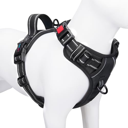 PHOEPET Hundegeschirre ohne Ziehen für kleine Hunde, reflektierende, verstellbare Front-Clip-Weste mit Griff, 2 Metallringe, 3 Schnallen [einfach an- und auszuziehen] (XL, Schwarz) von PHOEPET