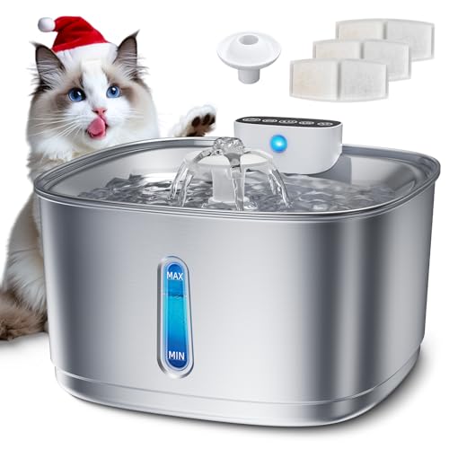 Trinkbrunnen für Katze Kabellos Edelstahl mit Sensor, 3.2L Katzenbrunnen mit Bewegungsmelder und Akku 4000mAh, Katzen trinkbrunnen mit LED Ultraleise Pumpe, Wasserbrunnen für Kleiner Hund und 3 Filter von PHYSEN