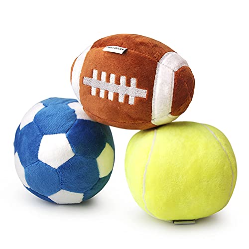 3 Stück Hundespielzeug für mittlere Hunde,Welpen spielzeug für kleine hunde,Rugby ball, Fußball und Tennisbälle für Hunde, gefüllt mit flauschigem Quietsch-Hundespielzeug, Welpenspielzeug für draußen von PIANG GOUER