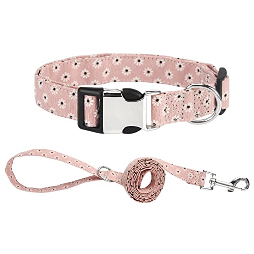 Piang Gouer Hundehalsband und Leine Set，Blumenmuster Haustierhalsband mit Metallschnalle Größenverstellbares Katzenhalsband für kleine mittelgroße Hunde(Rosa-M) von PIANG GOUER