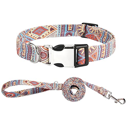 Piang Gouer Hundehalsband und Leine Set，Vintage Bohemian Haustierhalsband mit Metallschnalle Größenverstellbare Katzenhalsband für kleine mittelgroße Hunde(Orange-S) von PIANG GOUER