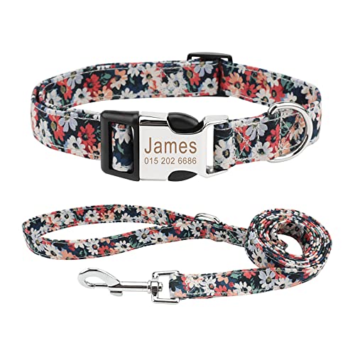 Piang Gouer Individuelle Hundehalsbänder und Leine Set，Kostenlose Gravur Haustiername und Telefonnummer Retro Pastoral Flower Verstellbare Hundehalsbänder für kleine mittelgroße Hunde(Stil A-L) von PIANG GOUER