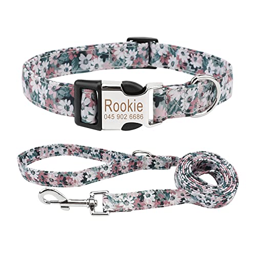 Piang Gouer Individuelle Hundehalsbänder und Leine Set，Kostenlose Gravur Haustiername und Telefonnummer Retro Pastoral Flower Verstellbare Hundehalsbänder für kleine mittelgroße Hunde(Stil B-XS) von PIANG GOUER