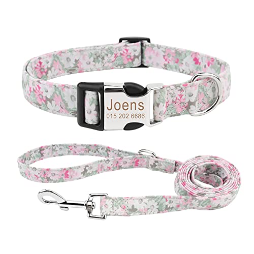 Piang Gouer Individuelle Hundehalsbänder und Leine Set，Kostenlose Gravur Haustiername und Telefonnummer Retro Pastoral Flower Verstellbare Hundehalsbänder für kleine mittelgroße Hunde(Stil C-L) von PIANG GOUER