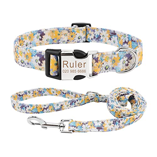 Piang Gouer Individuelle Hundehalsbänder und Leine Set，Kostenlose Gravur Haustiername und Telefonnummer Retro Pastoral Flower Verstellbare Hundehalsbänder für kleine mittelgroße Hunde(Stil D-L) von PIANG GOUER