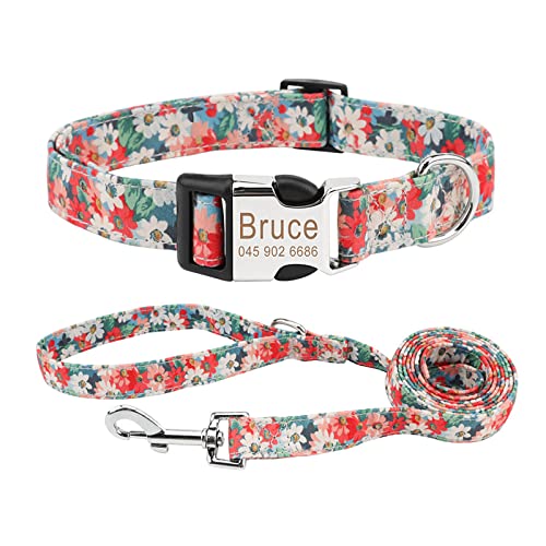 Piang Gouer Individuelle Hundehalsbänder und Leine Set，Kostenlose Gravur Haustiername und Telefonnummer Retro Pastoral Flower Verstellbare Hundehalsbänder für kleine mittelgroße Hunde(Stil F-XS) von PIANG GOUER