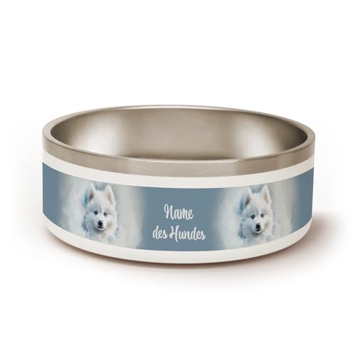 PICANOVA Personalisierter Hundenapf mit Namen - Große 1,2 L Edelstahl-Futternapf, Wasserschale, rutschfest, Geschenk für Haustierbesitzer - White Samoyed Design von PICANOVA