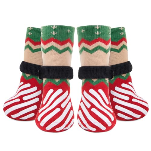 PICK FOR LIFE Hundesocken Antirutsch, 2 Paar Pfotenschutz für verletzte Hunde, weihnachtliche Hunde-Stoppersocken mit Klettverschluss für den Innenbereich auf Hartholzböden von PICK FOR LIFE