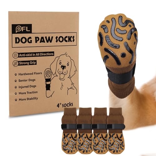 Rutschfeste Hundesocken, Pfotenschutz mit Griffen, starke Traktion, verstellbare Hundestiefel, Hundeschuhe für ältere Hunde, Hartholzböden, drinnen und draußen, 2 Paar (Braun, L) von PICK FOR LIFE