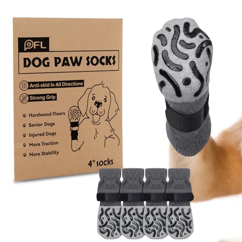 Rutschfeste Hundesocken, Pfotenschutz mit Griffen, starke Traktion, verstellbare Hundestiefel, Hundeschuhe für ältere Hunde, Hartholzböden, drinnen und draußen, 2 Paar (Grau, L) von PICK FOR LIFE