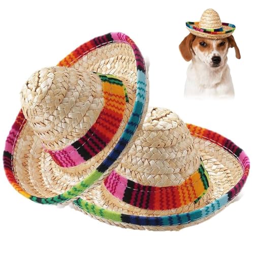 PIDUDU 2 x Haustier-Strohhut, mexikanische Sombrero-Mütze, Hunde-Sonnenhut mit verstellbarem Kinnriemen, niedliches Kostüm für kleine Hunde und Katzen von PIDUDU