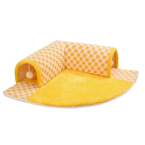 2-in-1 Lustiges Katzentunnelbett aus Plüsch mit kariertem Karomuster, interaktives Spielzeug, abnehmbares, rutschfestes Katzen-Aktivitätszentrum, interaktiv for Hauskatzen, Bunny/860(Yellow,L) von PINFANSHIJIE