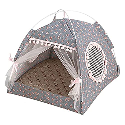 Katzenzelt, faltbares Katzen-Prinzessin-Tipi mit Blumenmuster, mit Spitzenfenster und Türvorhang, atmungsaktive Hundehütte, tragbares Welpenbett for Katzen, kleine Hunde /331(Color:Dark Grey L) von PINFANSHIJIE