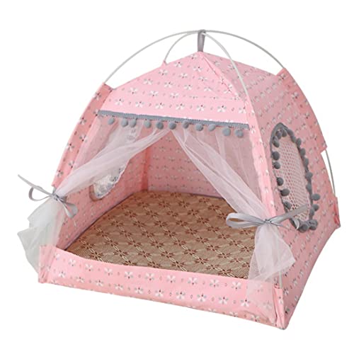 Katzenzelt, faltbares Katzen-Prinzessin-Tipi mit Blumenmuster, mit Spitzenfenster und Türvorhang, atmungsaktive Hundehütte, tragbares Welpenbett for Katzen, kleine Hunde /331(Color:Pink L) von PINFANSHIJIE